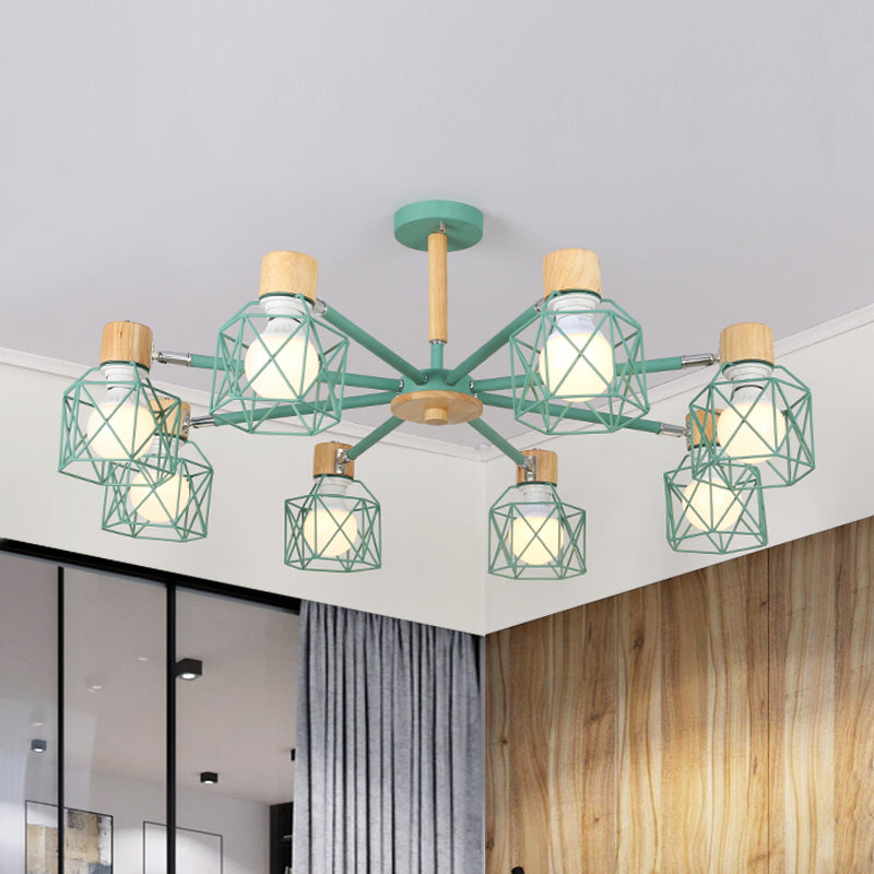 Cage Semi Flush Lamp Nordic Iron 3/6/8-Head Black/Green/Gold Ceiling Drop Pendant Lighting