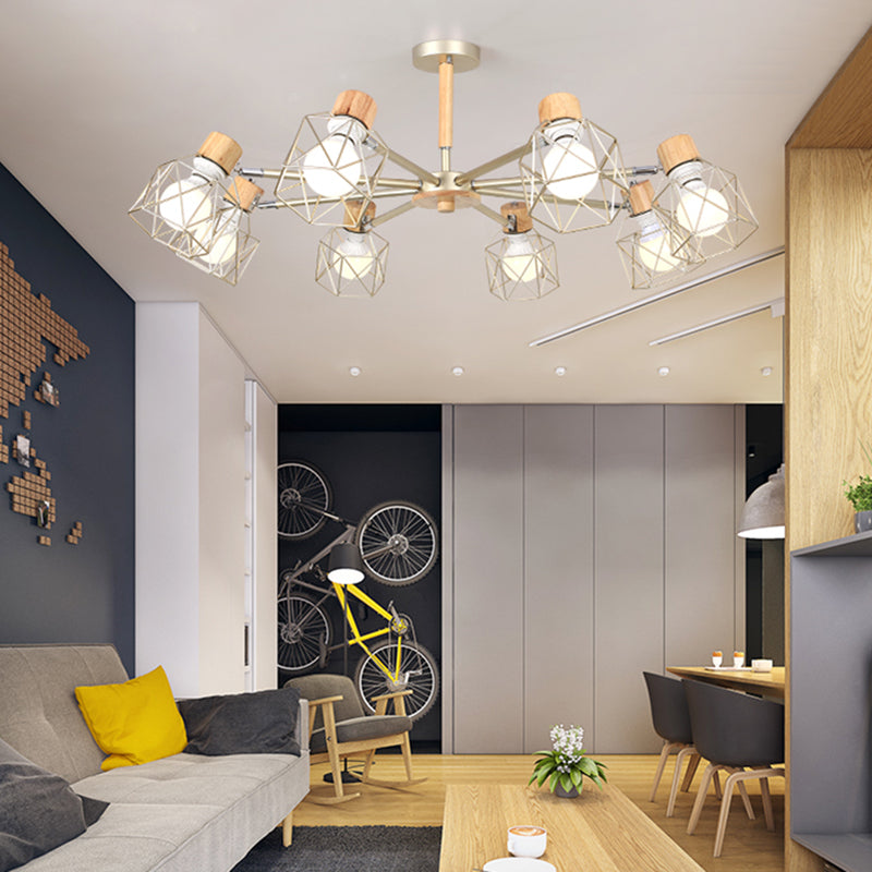 Cage Semi Flush Lamp Nordic Iron 3/6/8-Head Black/Green/Gold Ceiling Drop Pendant Lighting