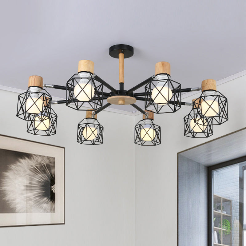 Cage Semi Flush Lamp Nordic Iron 3/6/8-Head Black/Green/Gold Ceiling Drop Pendant Lighting