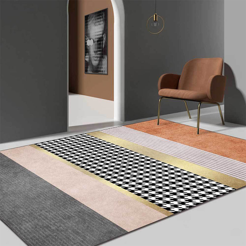 Contemporary Houndstooth Pattern Rug with Stripe Multicolor Polyester Rug Machine Washable Non-Slip Area Rug for Bedroom