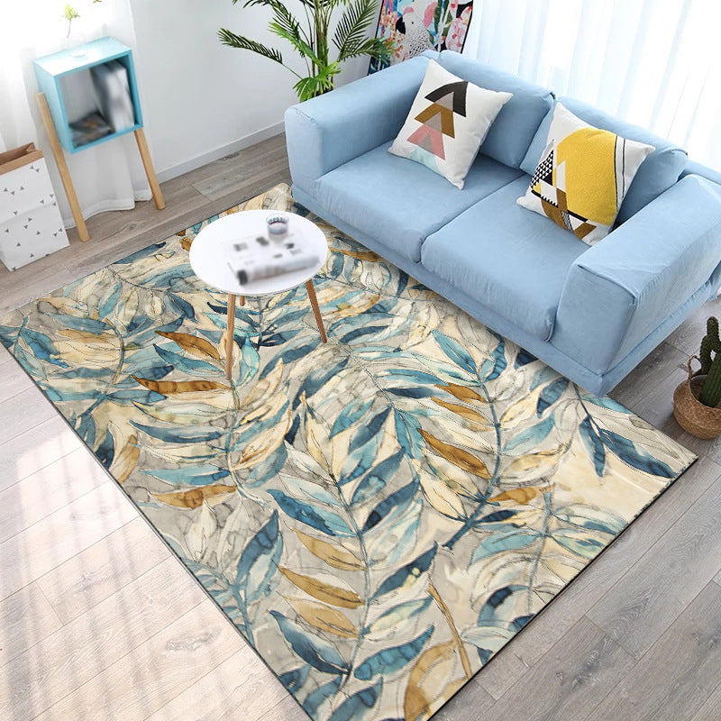 Classic Vintage Rug in Yellow and Blue Botanical Leaf Pattern Rug Polyester Anti-Slip Carpet for Home Decoration