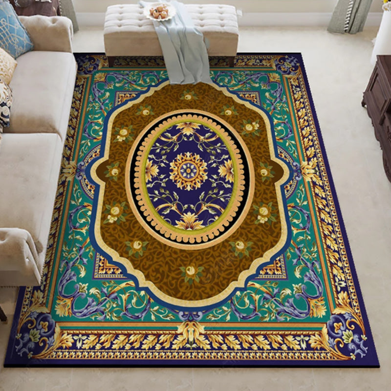 Oriental Moroccan Rug in Blue and Red Medallion Floral Leaf Pattern Rug Polyester Washable Carpet for Home Decoration