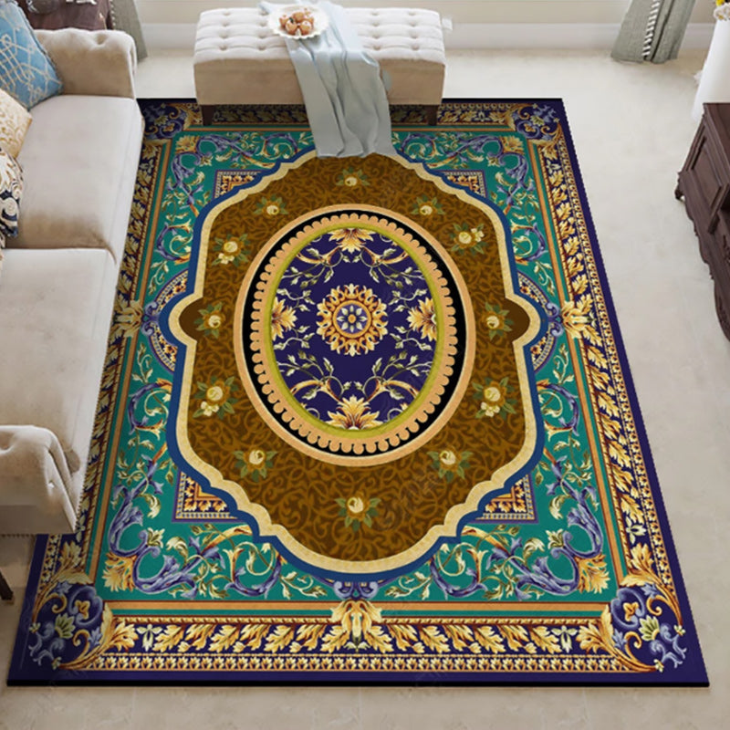 Orientalischer marokkanischer Teppich im blauen und roten Medaillon Blumenblatt Muster Teppich Polyester Waschbarer Teppich für die Heimdekoration