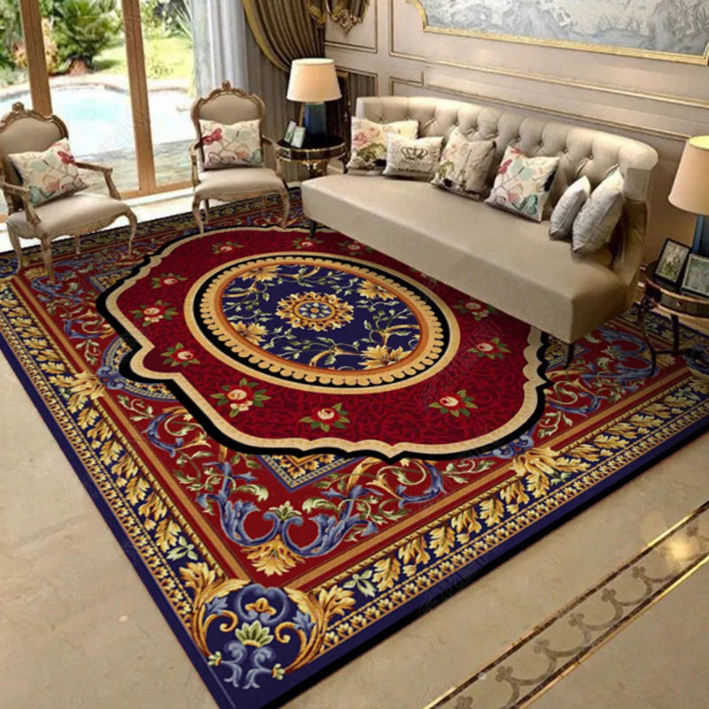 Oriental Moroccan Rug in Blue and Red Medallion Floral Leaf Pattern Rug Polyester Washable Carpet for Home Decoration