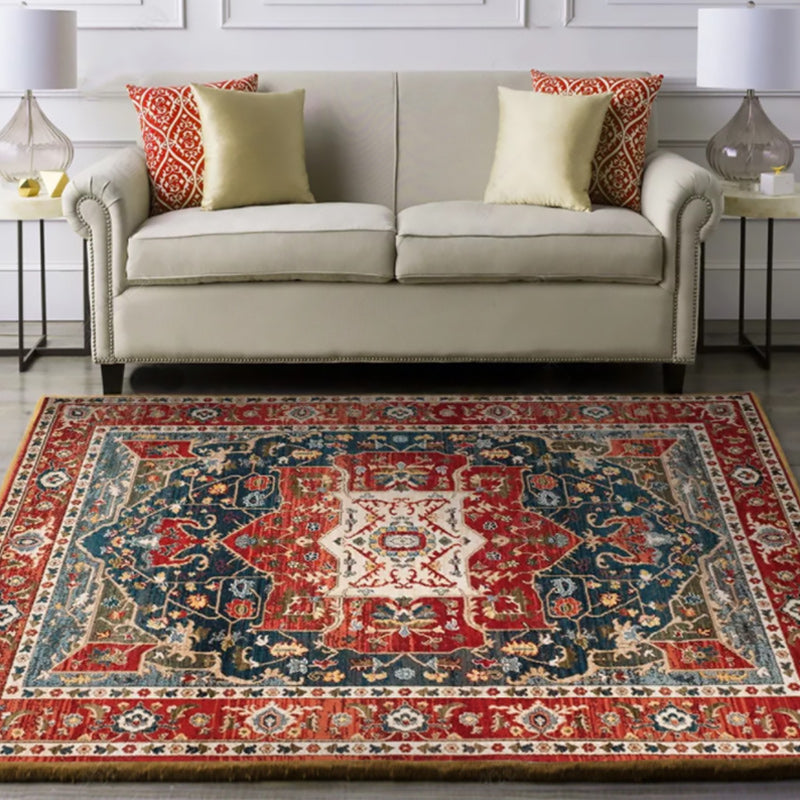 Oriental Moroccan Rug in Blue and Red Medallion Floral Leaf Pattern Rug Polyester Washable Carpet for Home Decoration