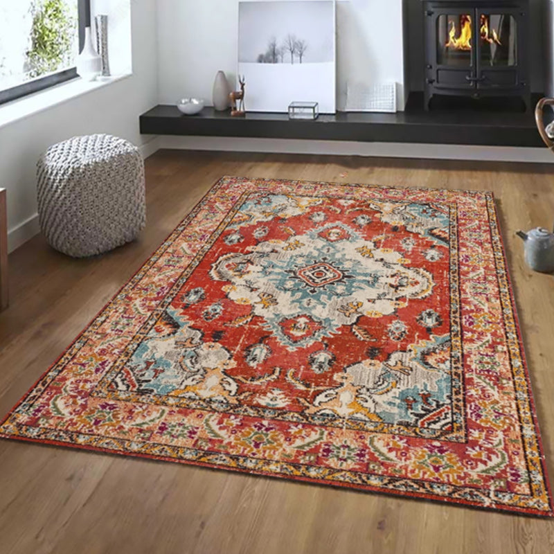 Oriental Moroccan Rug in Blue and Red Medallion Floral Leaf Pattern Rug Polyester Washable Carpet for Home Decoration