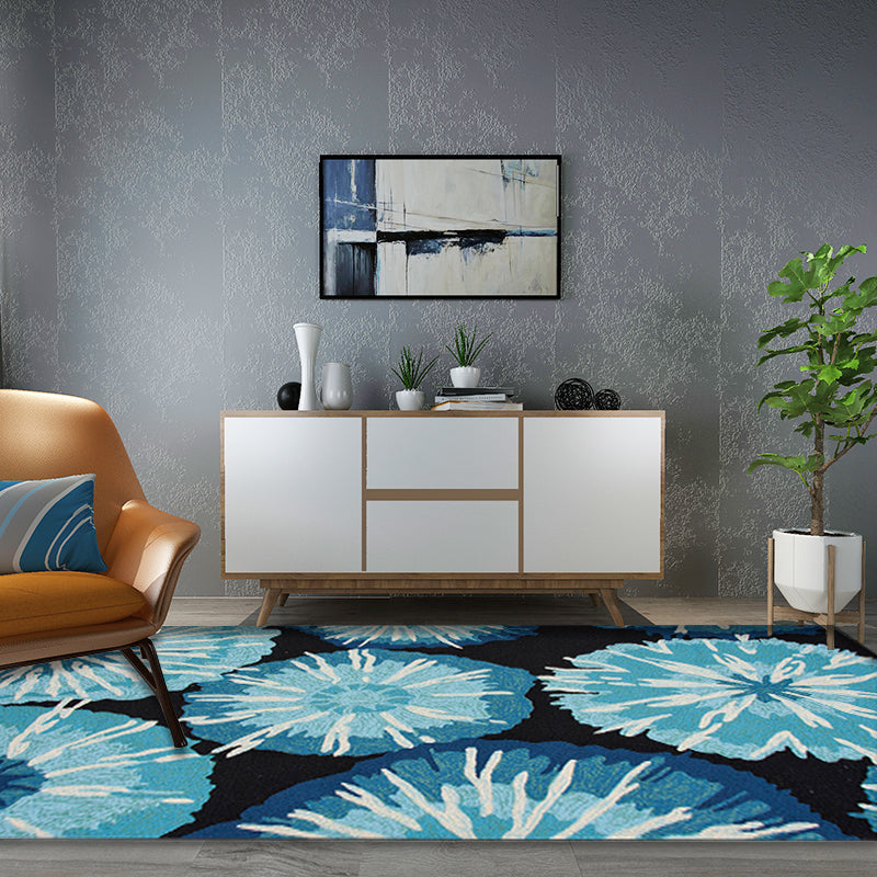 Novelty Floral Print Rug Yellow and Blue Polyester Rug Machine Washable Non-Slip Area Rug for Bedroom