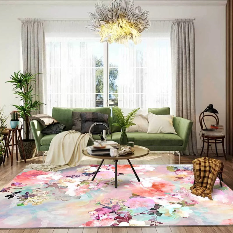 Pink Bedroom Rug French Country Floral Leaf Pattern Area Rug Polyester Machine Washable Carpet