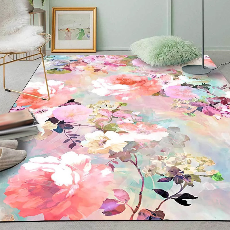 Alfombra de dormitorio rosa país francés patrón de hojas florales alfombra de alfombra de poliéster alfombra lavable