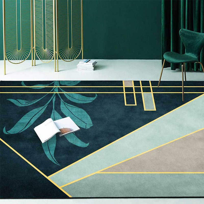 Green Novelty Rug Polyester Geometric and Leaf Pattern Rug Washable Non-Slip Backing Carpet for Living Room