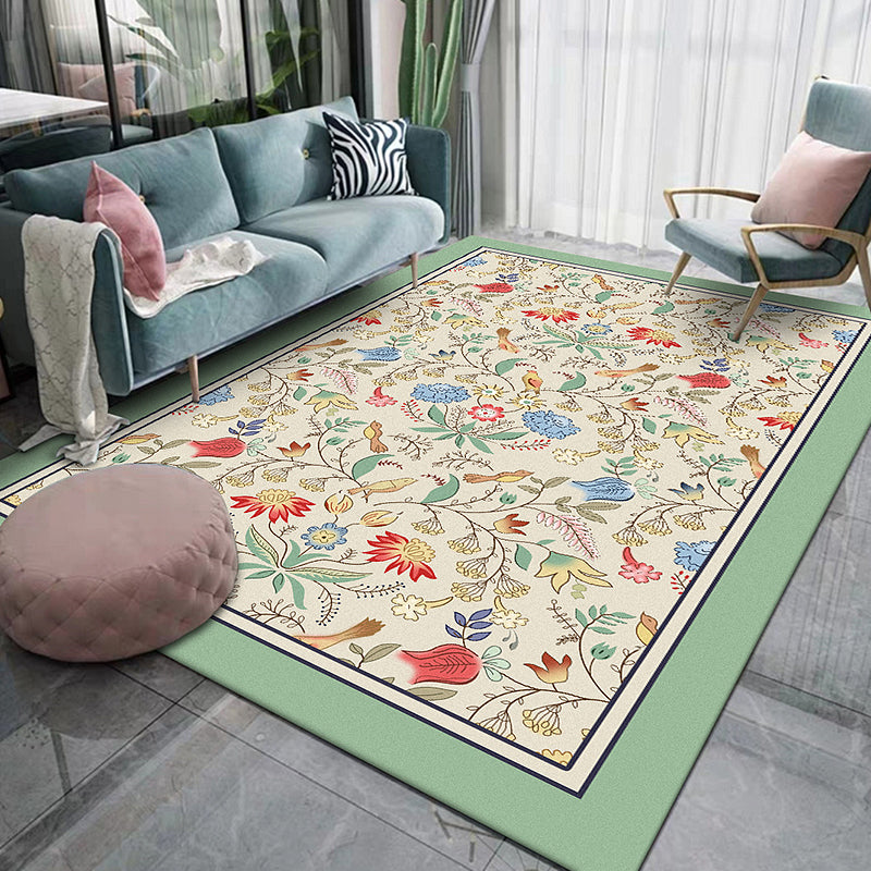 Retro Floral Pattern Rug with Leaf Beige and Green Classic Rug Polyester Washable Non-Slip Backing Area Rug for Living Room