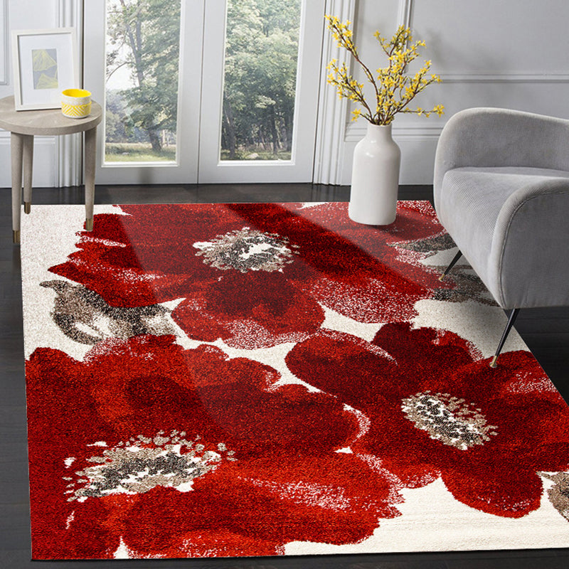 Red French Country Rug Polyester Floral Pattern Rug Washable Non-Slip Backing Carpet for Living Room