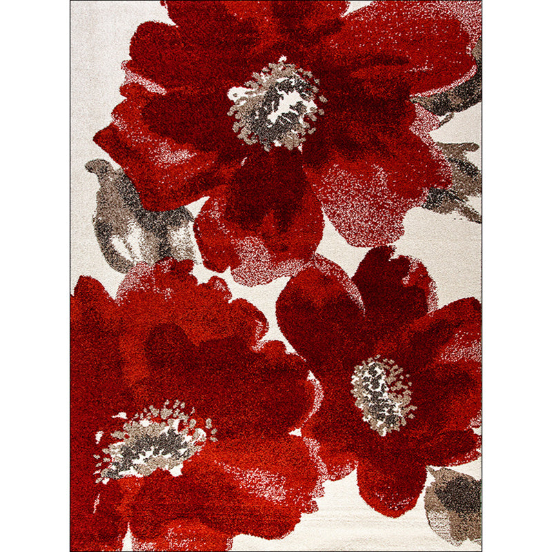 Red French Country Rug Polyester Floral Pattern Rug Washable Non-Slip Backing Carpet for Living Room