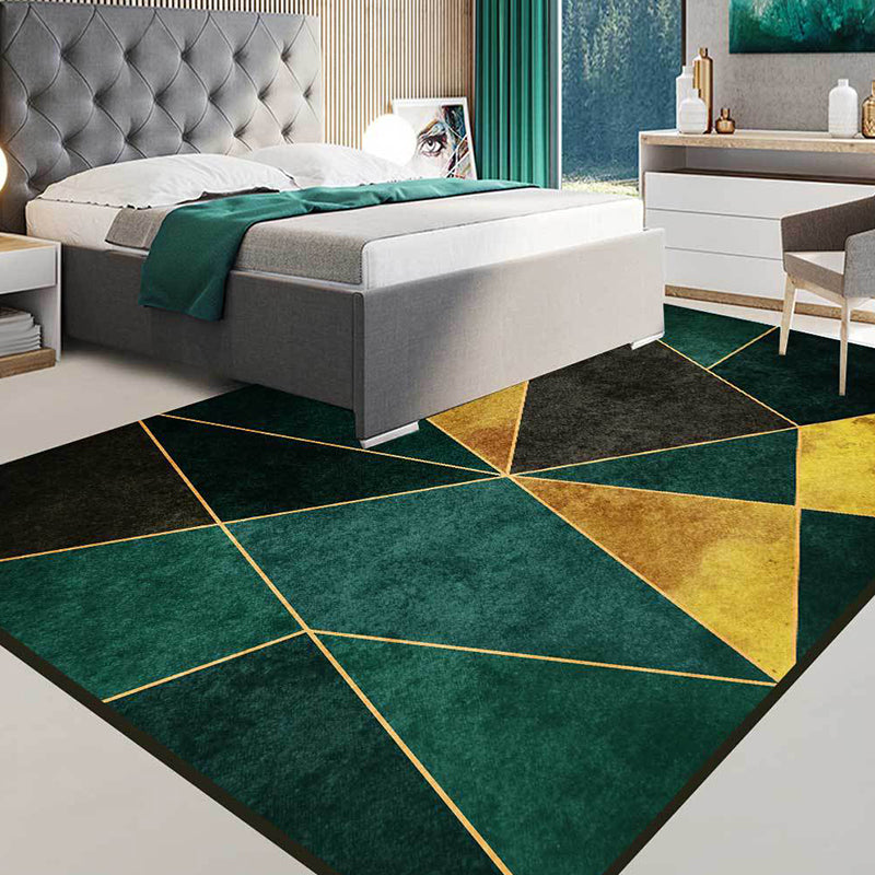 Simple Geometric Pattern Rug Green and Golden Nordic Rug Polyester Washable Anti-Slip Backing Area Rug for Living Room