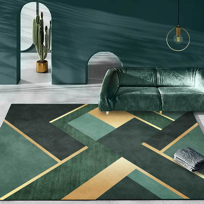 Nordic Geometric Pattern Rug Green and Golden Polyester Rug Machine Washable Non-Slip Area Rug for Bedroom
