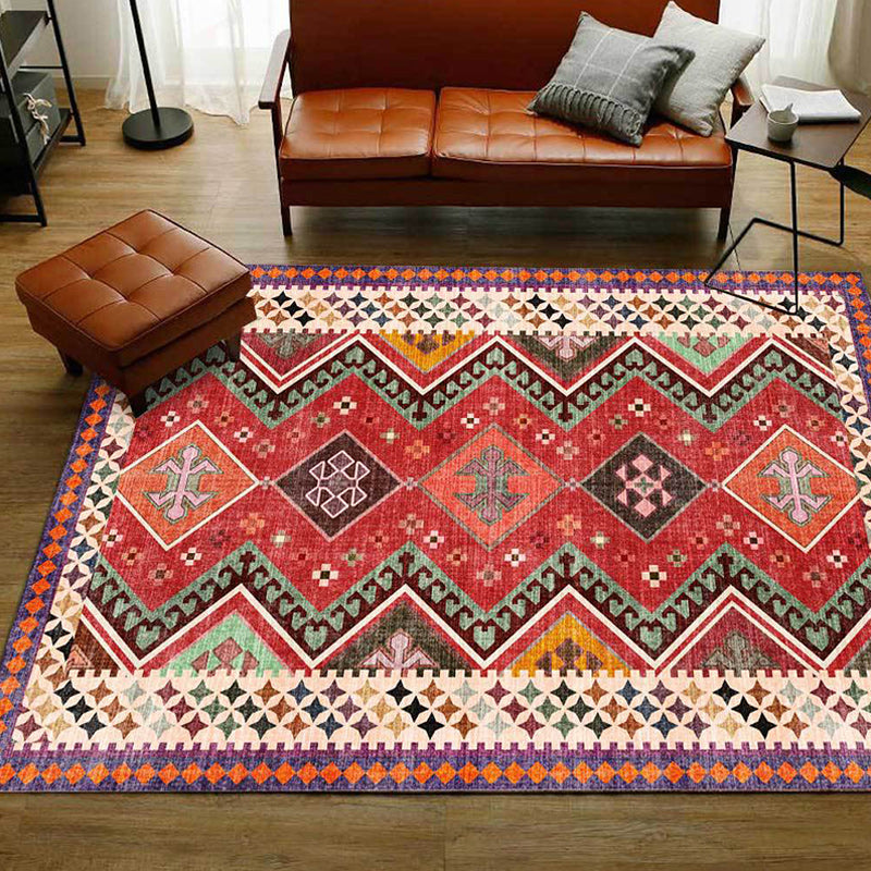 Red Bedroom Rug Southwestern Geometric Diamond Wave Pattern Area Rug Polyester Anti-Slip Backing Carpet