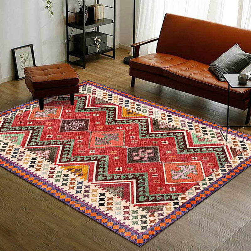 Red Bedroom Rug Southwestern Geometric Diamond Wave Pattern Area Rug Polyester Anti-Slip Backing Carpet