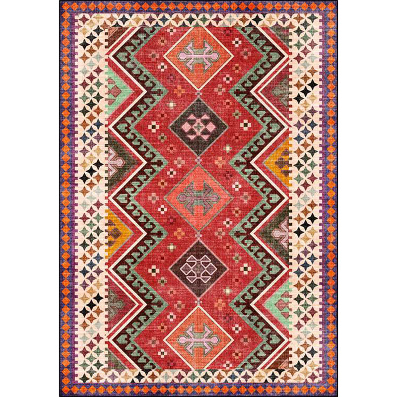 Red Bedroom Rug Southwestern Geometric Diamond Wave Pattern Area Rug Polyester Anti-Slip Backing Carpet