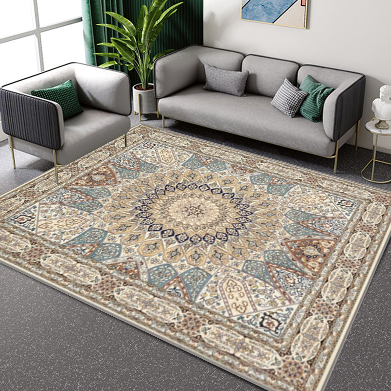 Brown Bedroom Rug Moroccan Medallion Pattern Area Rug Polyester Anti-Slip Machine Washable Carpet