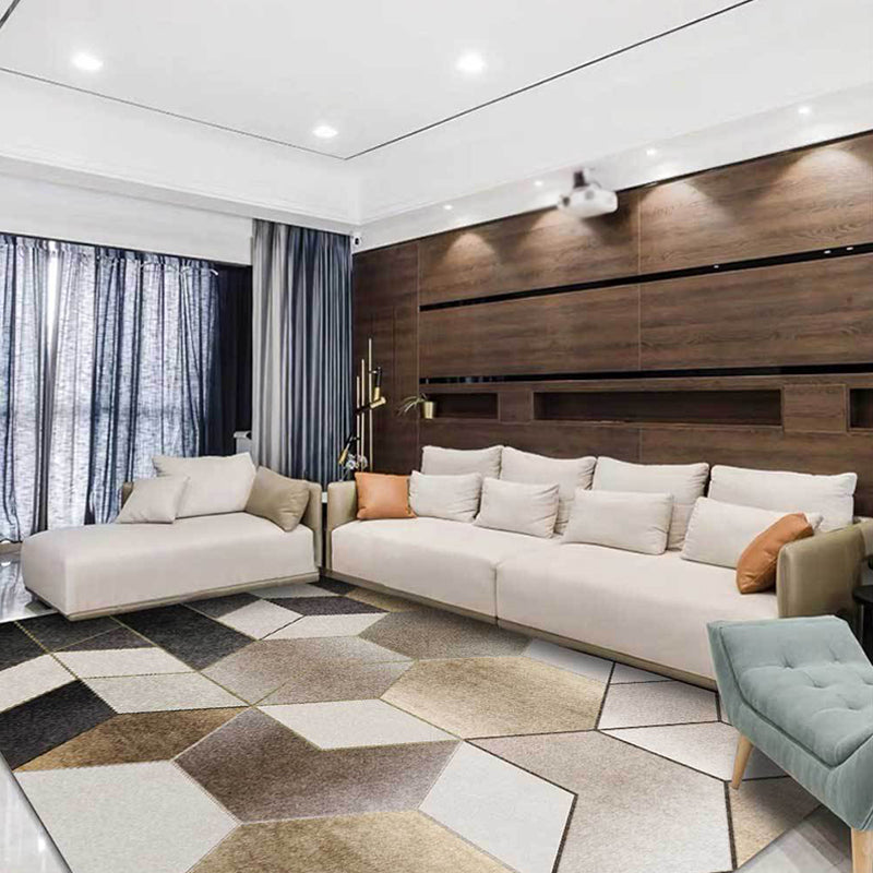 Brown and Black Bedroom Rug Modern Geometry Hexagon Triangle Pattern Area Rug Polyester Washable Carpet