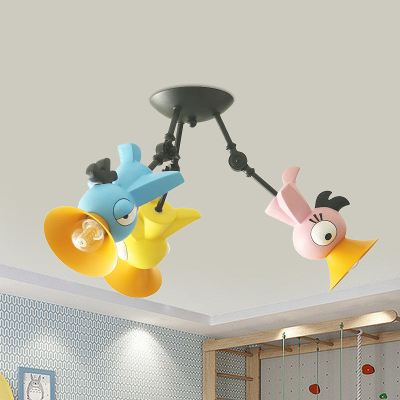 Cartoon Bird Figura Posting Iluminación Metal contemporánea 3 Pink/azul/azul/amarillo Luz de techo colgante para niños Rala