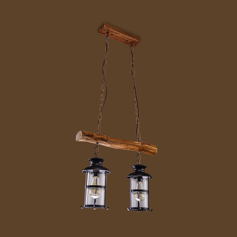 Brown 2/3-Bulb Island Lighting Ideas Nautical Clear Glass Cylinder Cluster Pendant with Wood Design