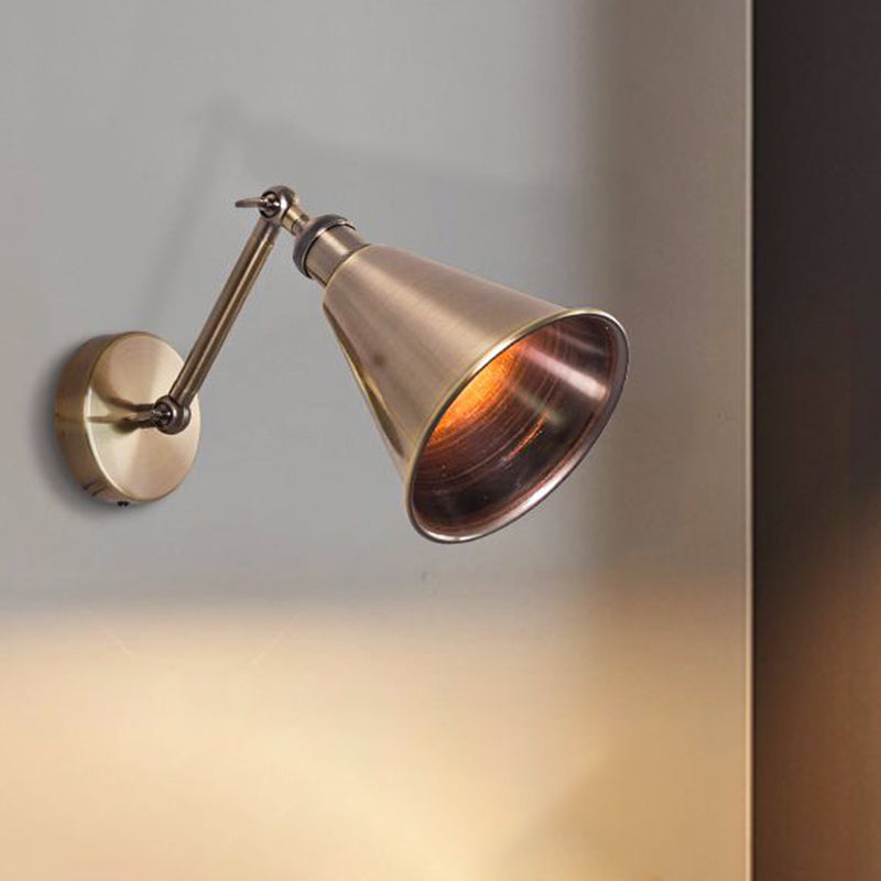 Metallic Brushed Brass Wall Sconce Conical Single Head Vintage Wall Mount Lighting with Adjustable Arm