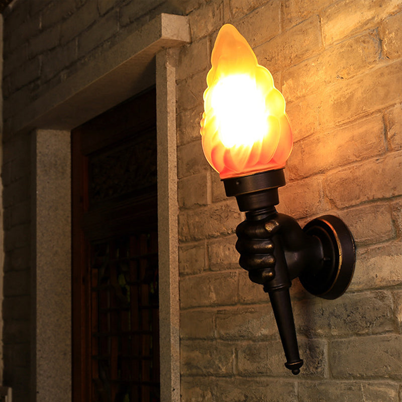 Black 1 Bulb Sconce Light Factory Amber Glass Torch Wall Mounted Lighting with Hand Decor