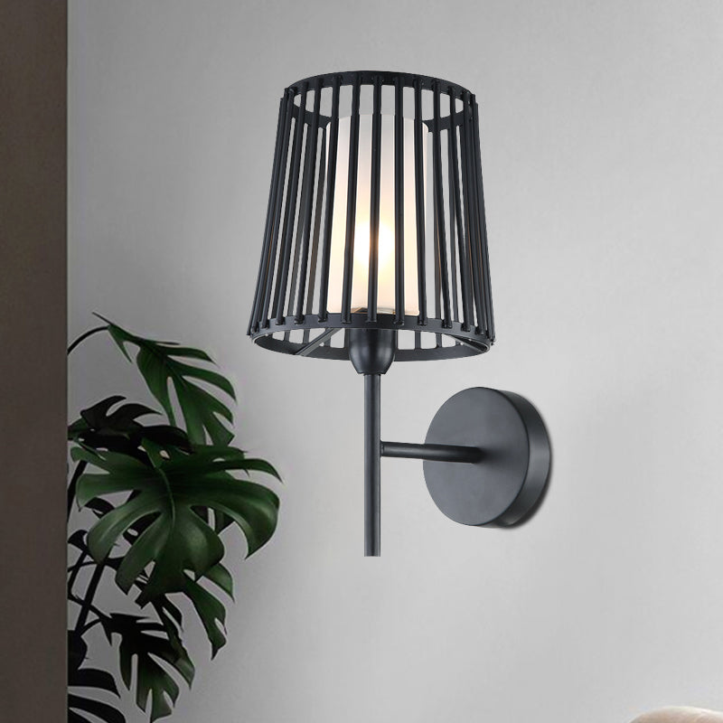 Single Light Wall Mount Lamp Farmhouse Cone Frame Metallic Wall Sconce Lighting with Cylinder Opal Glass Shade in Black
