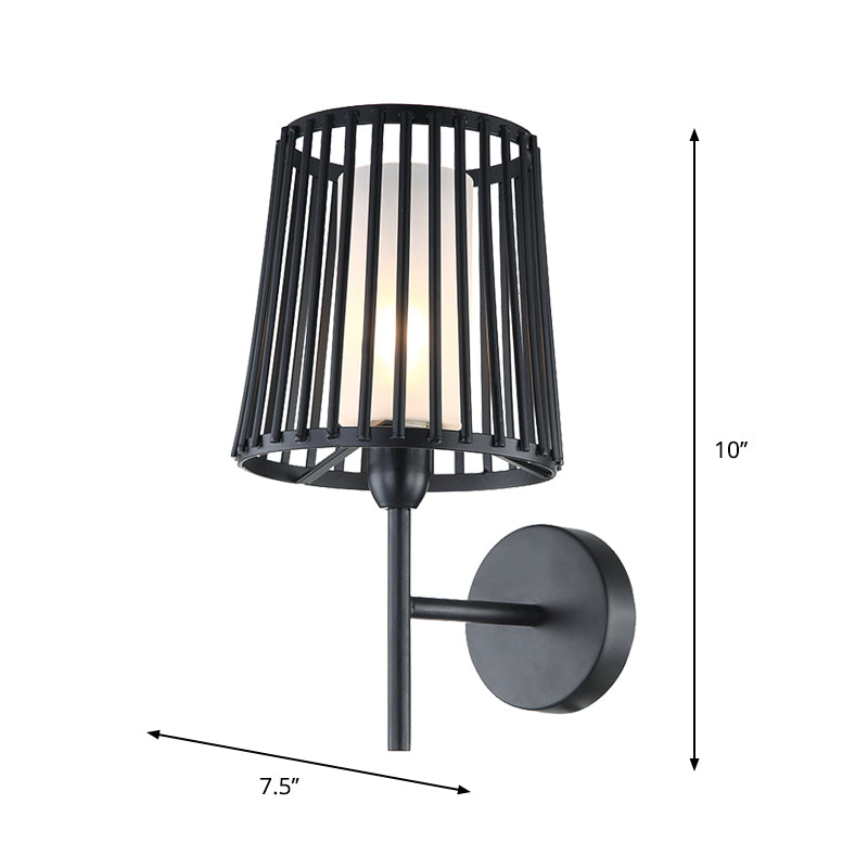 Single Light Wall Mount Lamp Farmhouse Cone Frame Metallic Wall Sconce Lighting with Cylinder Opal Glass Shade in Black