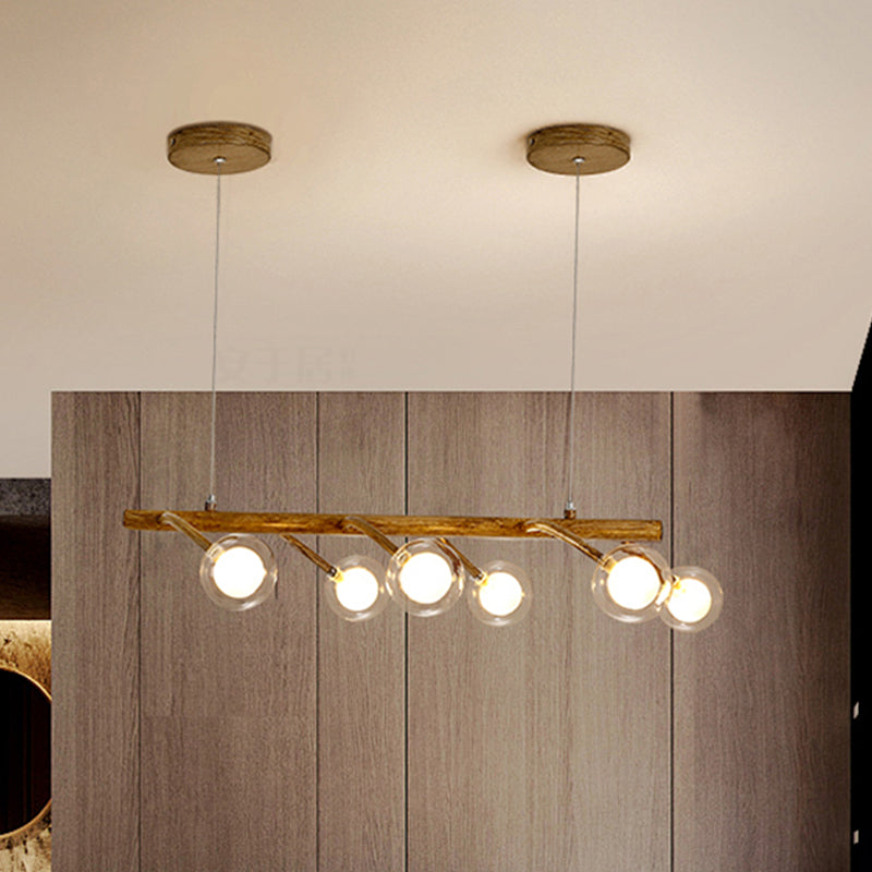 Branching Dining Hall Drop Pendant Industrial Wooden 6/8-Head Brown Island Chandelier with Modo Clear Glass Shade