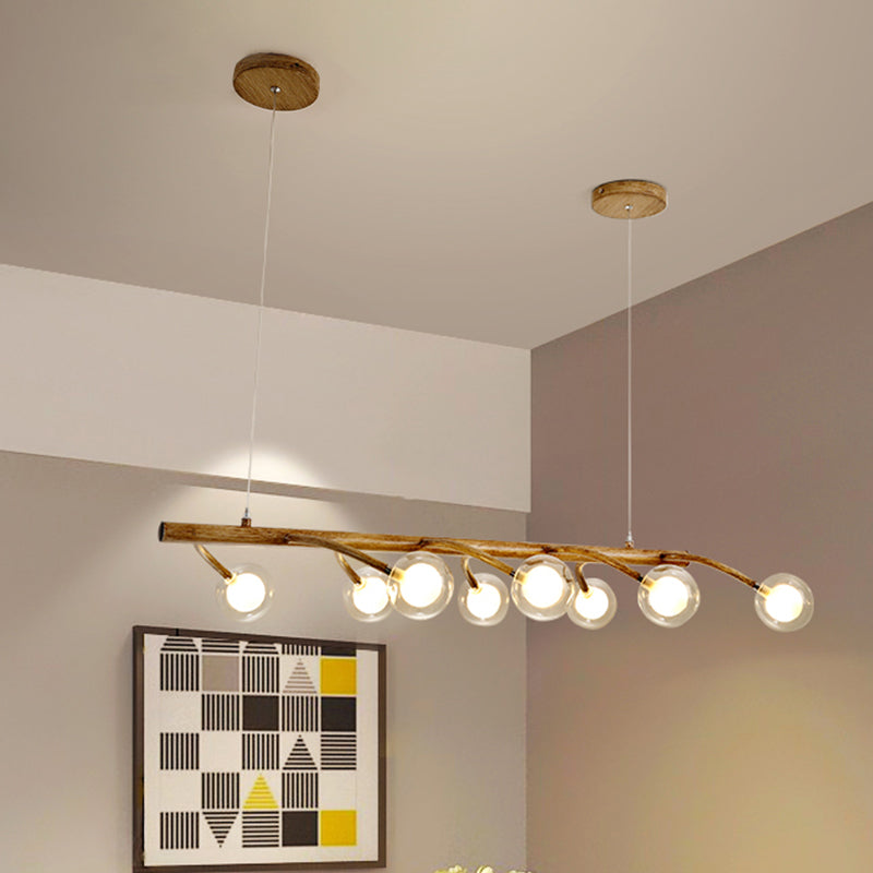 Branching Dining Hall Drop Pendant Industrial Wooden 6/8-Head Brown Island Chandelier with Modo Clear Glass Shade