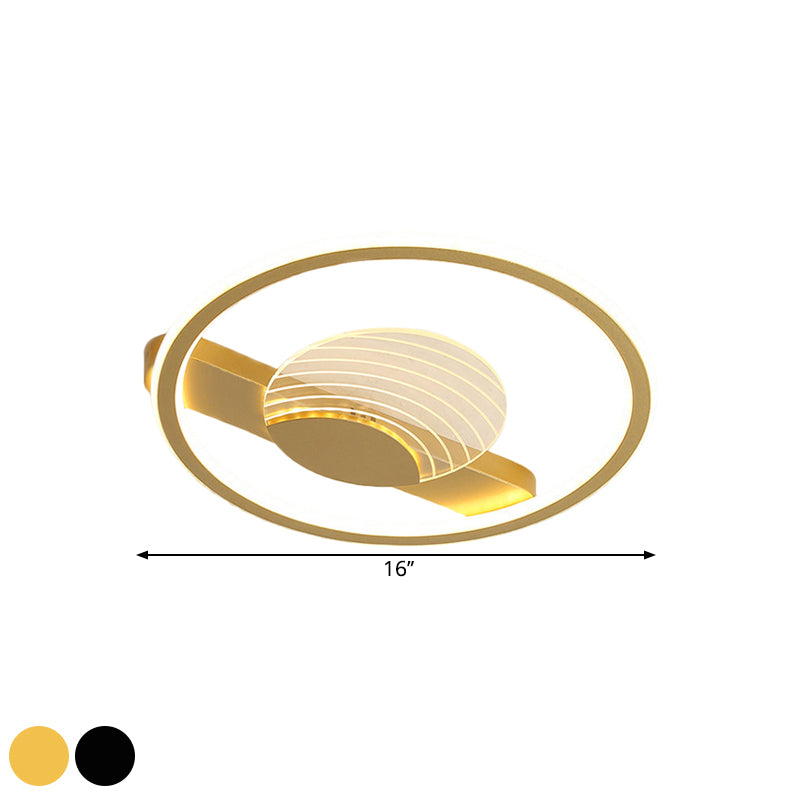 Minimalism Circle and Line Ceiling Lamp Metallic 16"/19.5" W LED Bedroom Flush Mount Fixture in Black/Gold, Warm/White Light