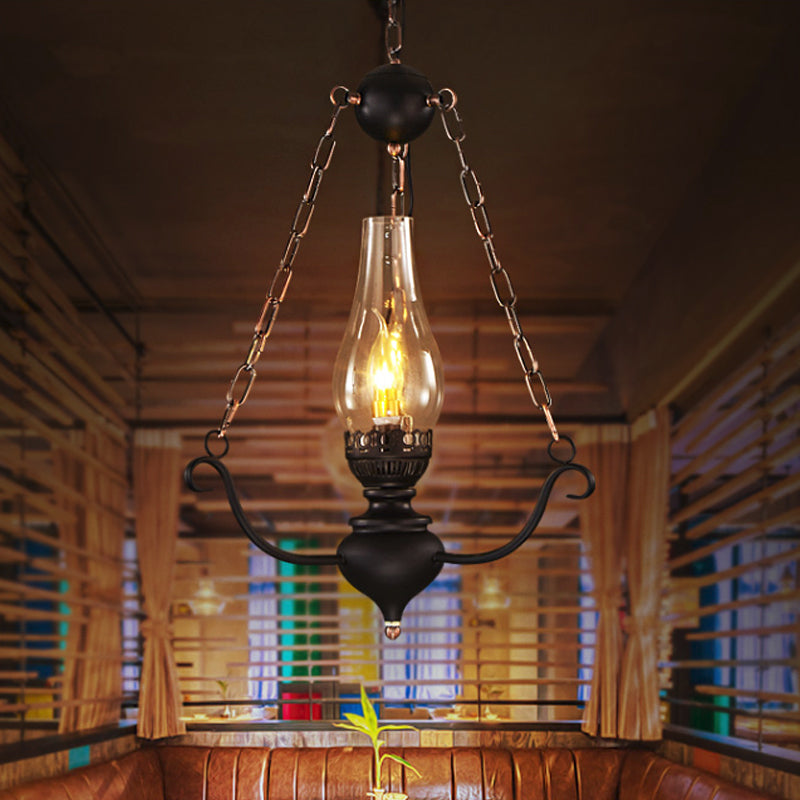 1-Head Ceiling Light Farmhouse Elongated Clear Glass Pendant Lamp Kit with Chain Decor in Black