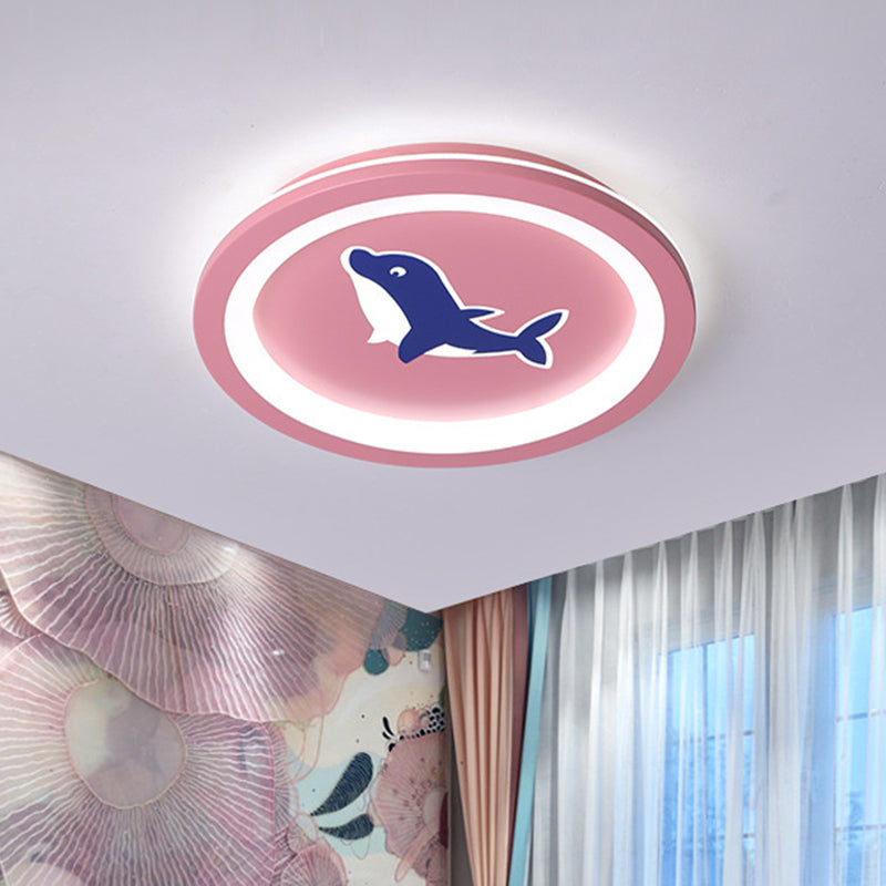 Simplicity LED Flush Mount Lamp with Acrylic Shade Pink Round Dolphin Pattern Flush Ceiling Light for Living Room, Warm/White Light