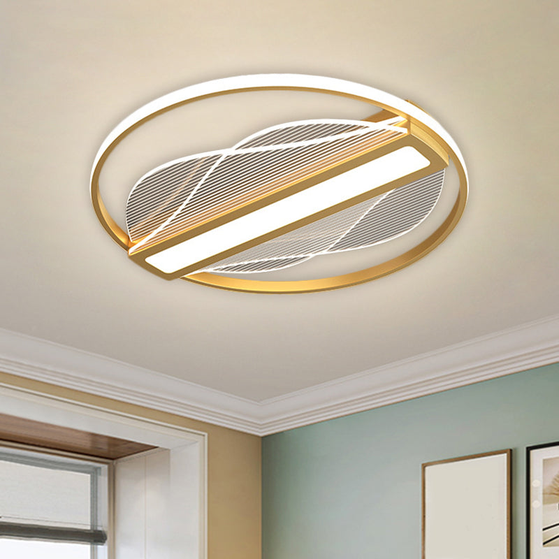 Circular Flush Mount Fixture Modernist Metallic 18"/21.5" Wide LED Gold Ceiling Lighting with Inner Bar Design in Warm/White Light