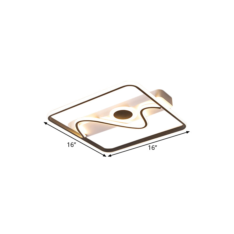 Black Square Frame Ceiling Flush Contemporary 16"/19.5"/23.5" W LED Metal Flush Mount Fixture with Curved Line and Circle Decor, Warm/White Light