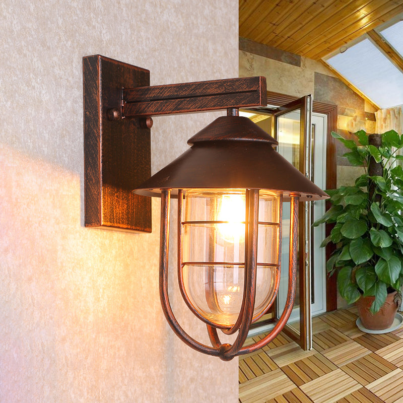 Affichage de murs de balcon de type lantern Metal 1 Tête Copper / Éclairage mural noir avec teinte en verre transparent ovale