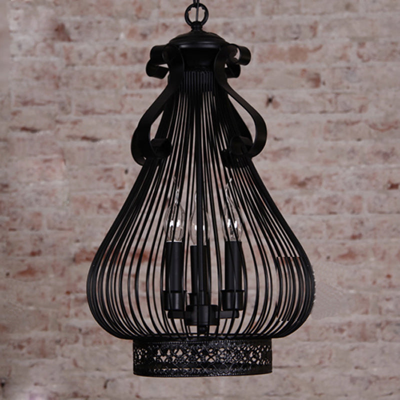 3 Lights Pendant Chandelier Loft Style Gourd-Like Metal Candle Hanging Lamp Kit in Black