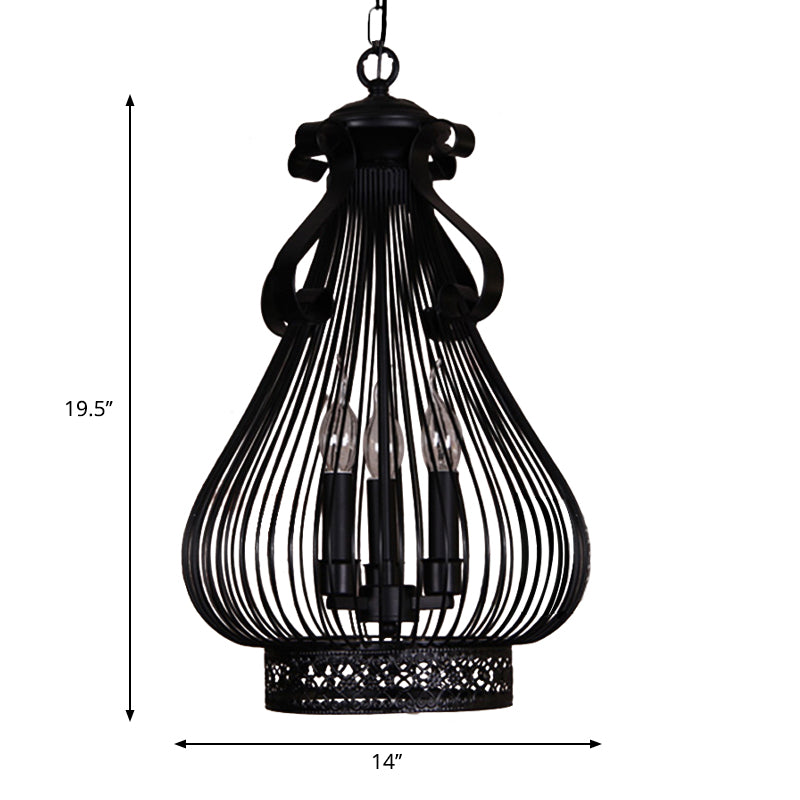 3 Lights Pendant Chandelier Loft Style Gourd-Like Metal Candle Hanging Lamp Kit in Black