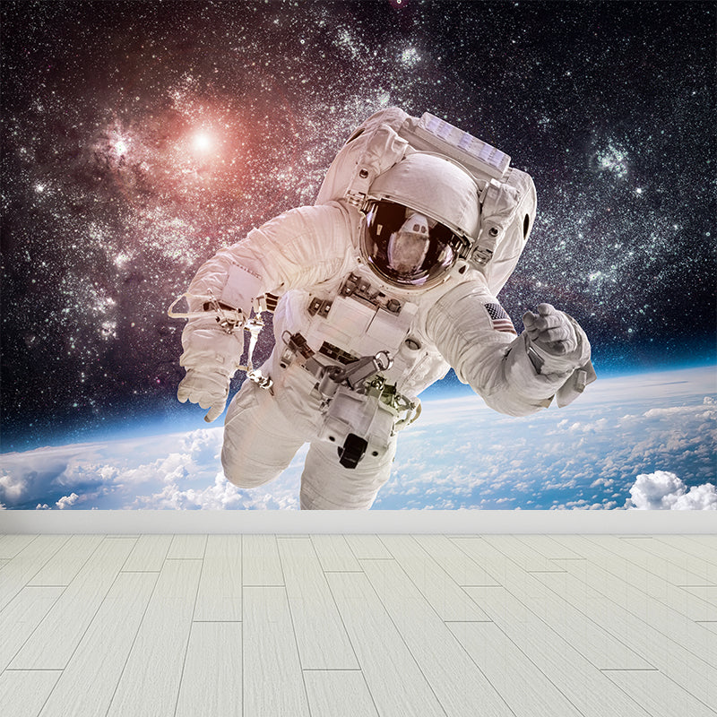 Futuristic Astronaut Mural Non-Woven Texture Stain-Proof Black Wall Art for Bedroom