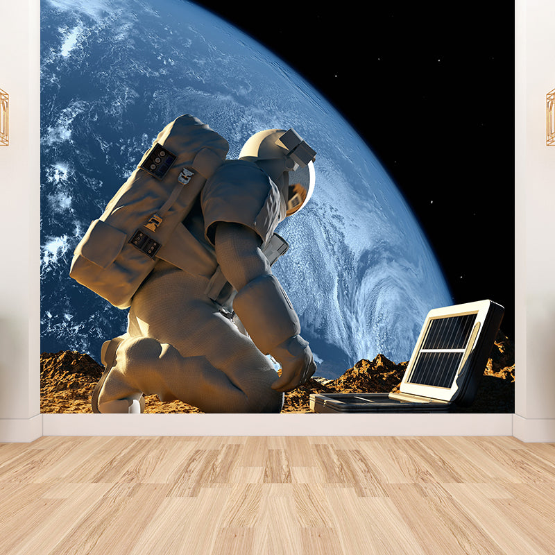Astronaut and Earth View Mural Wallpaper Fictional Non-Woven Cloth Wall Covering