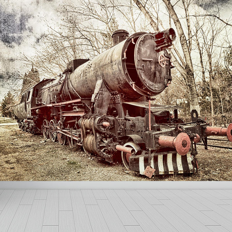 Industrial Autumn Train Wall Mural Soft Color Decorative Wall Art for Living Room