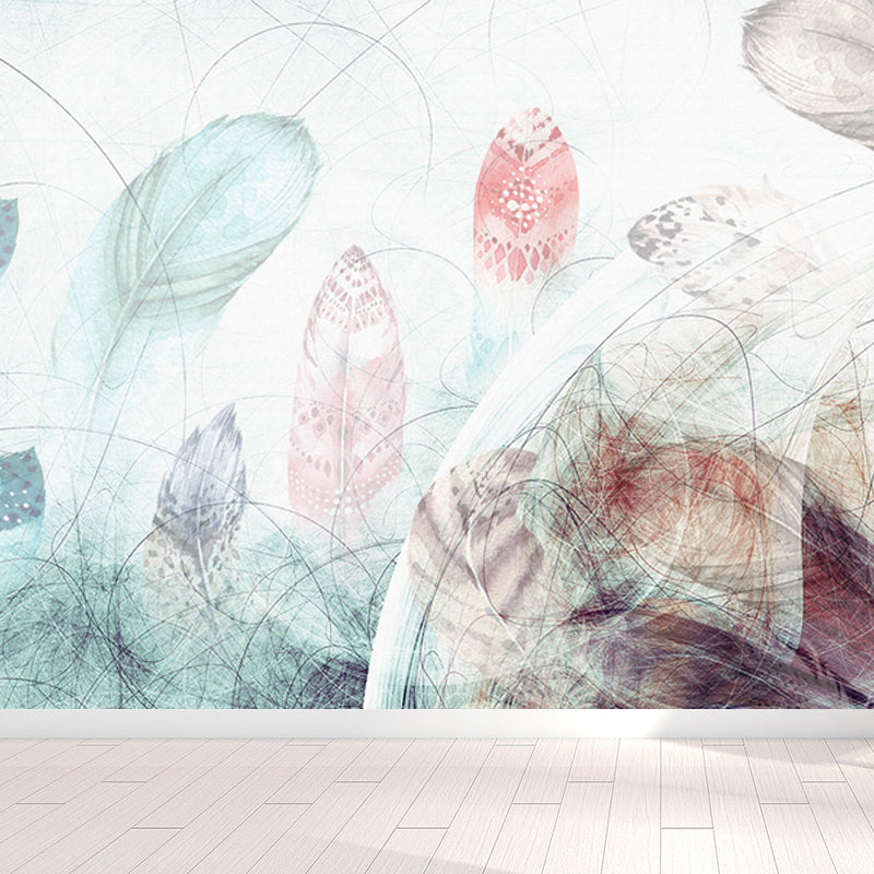 Illustration Feathers Mural Decal for Girls Bedroom, Light Color, Custom Printed