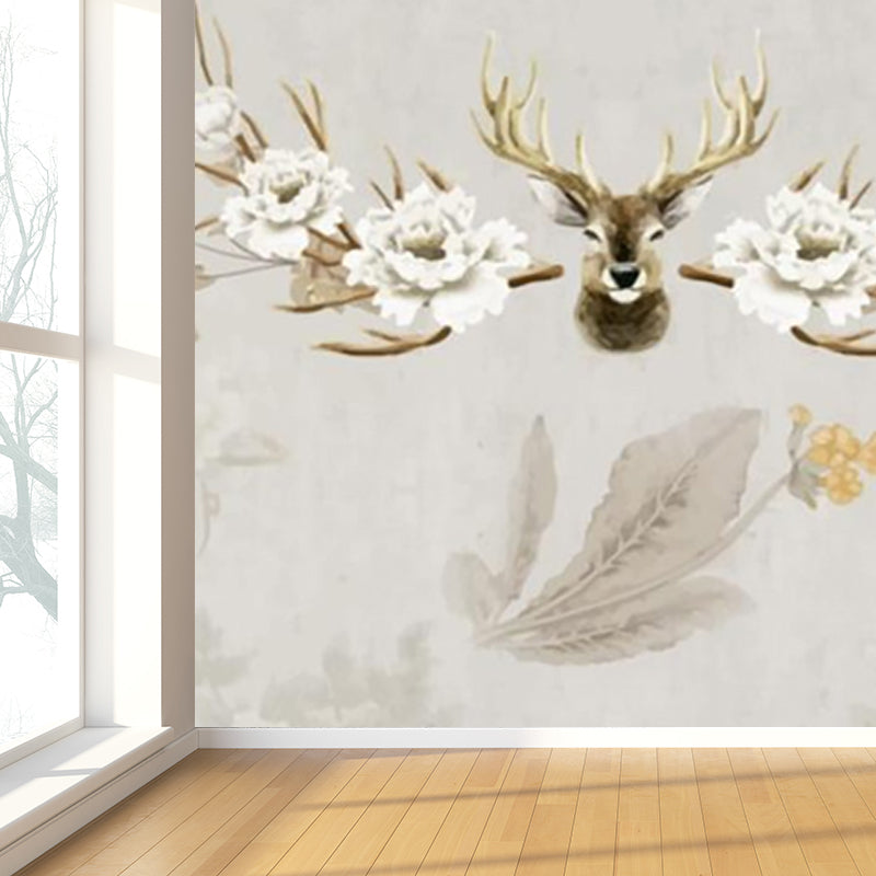 Reindeer Mural Wallpaper Modern Non-Woven Material Wall Covering in Pastel Color