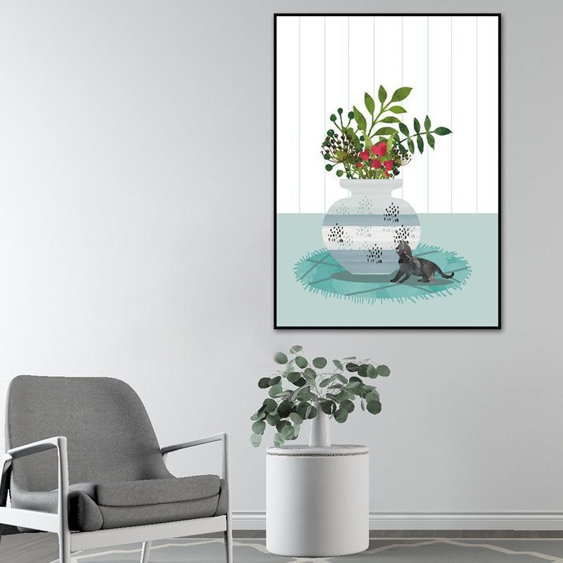 Cat and Pot Plant Art Print Soft Color Canvas Wall Decor for Living Room, Textured Surface