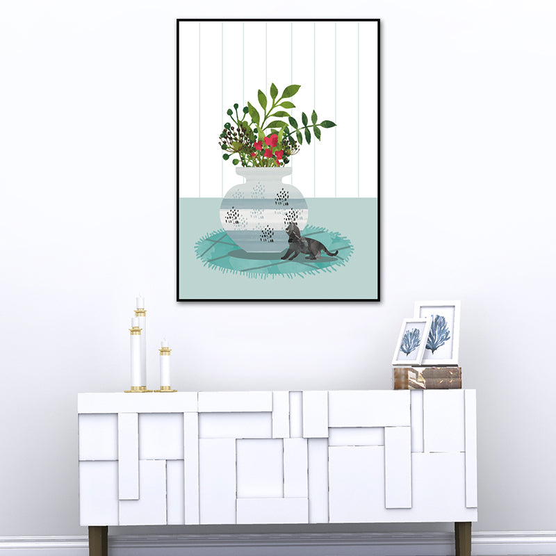 Impression d'art chat et plante en Pot, toile de couleur douce, décoration murale pour salon, Surface texturée