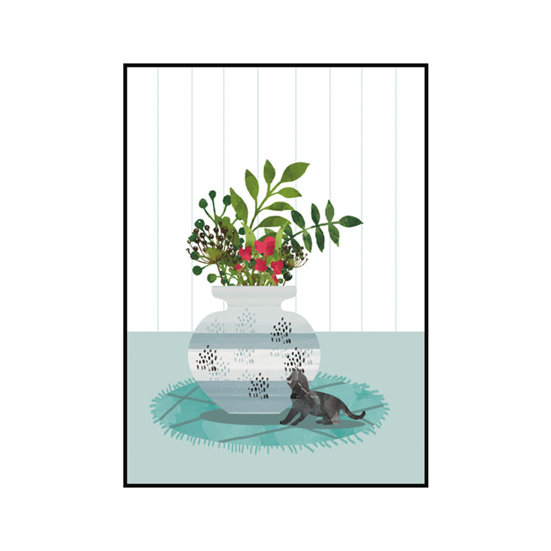 Impression d'art chat et plante en Pot, toile de couleur douce, décoration murale pour salon, Surface texturée