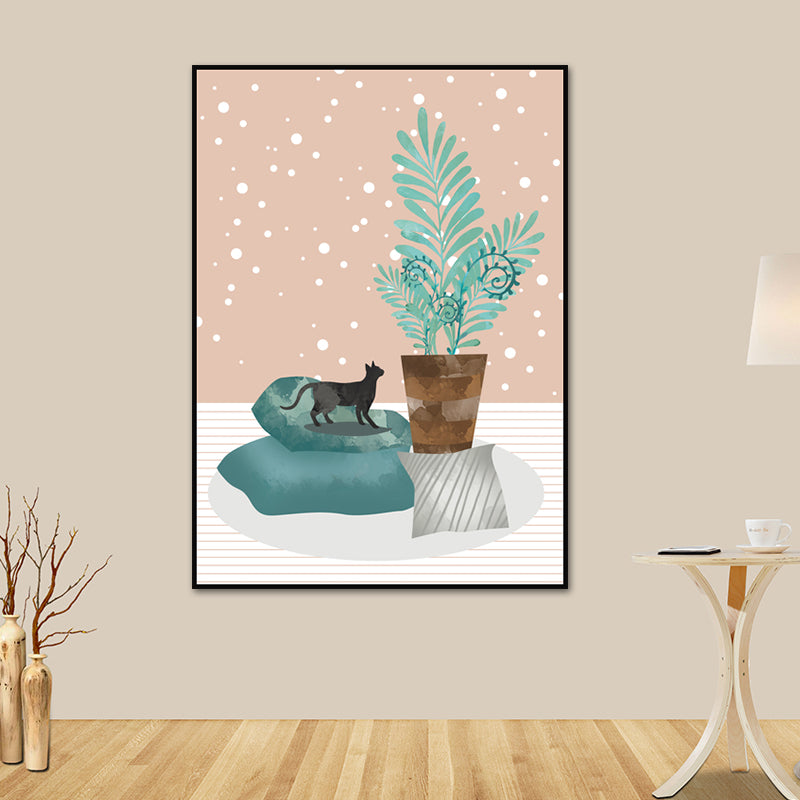 Cat and Pot Plant Art Print Soft Color Canvas Wall Decor for Living Room, Textured Surface
