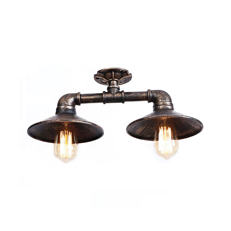 Saucer Wrought Iron Semi Flush Light Industrial Stylish 2 Lights Living Room Ceiling Mount Light in Bronze/Aged Silver